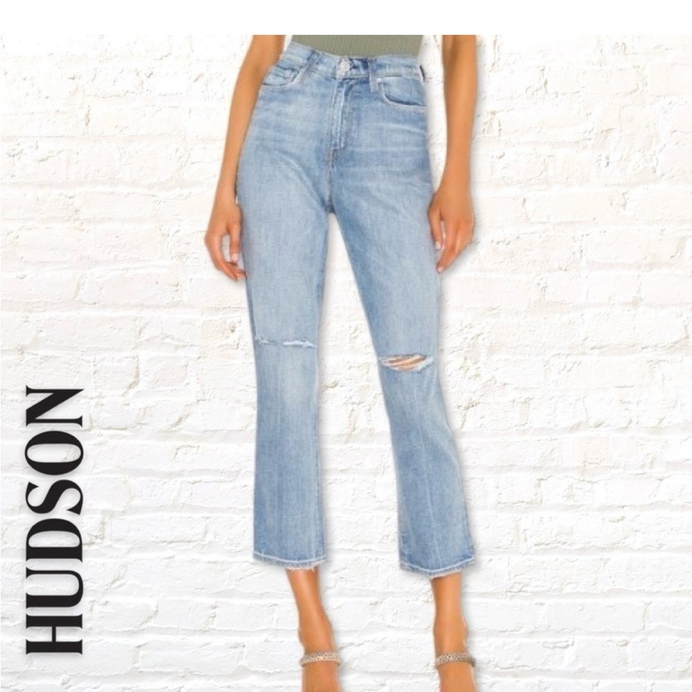 Hudson Holly Straight High Rise Crop Jeans Size 26 Ripped Knee Light Wash Denim